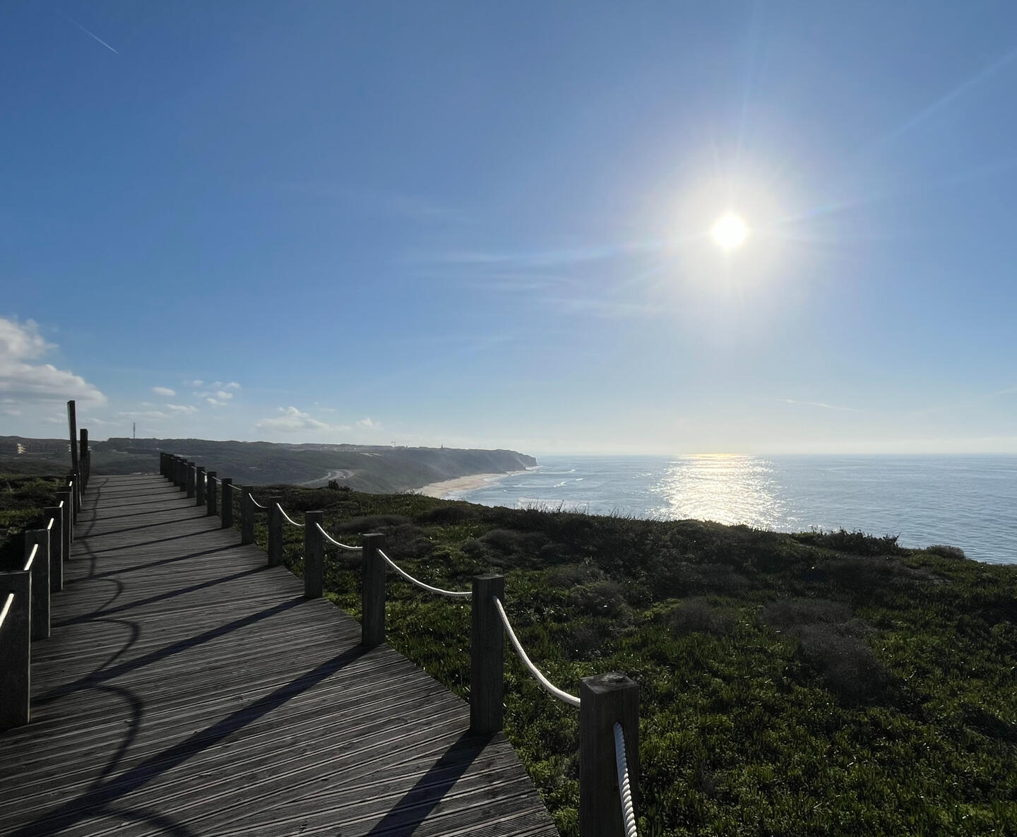 Coastal boardwalk at sunset at Foz do Arelho