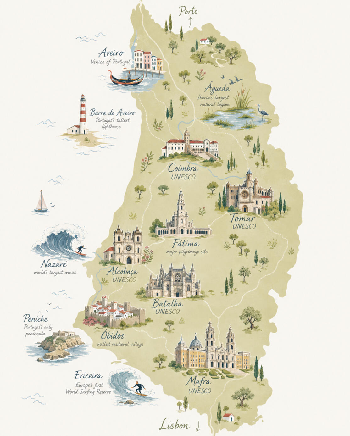 Illustrated map of Portugal Revealed destinations between Lisbon and Porto